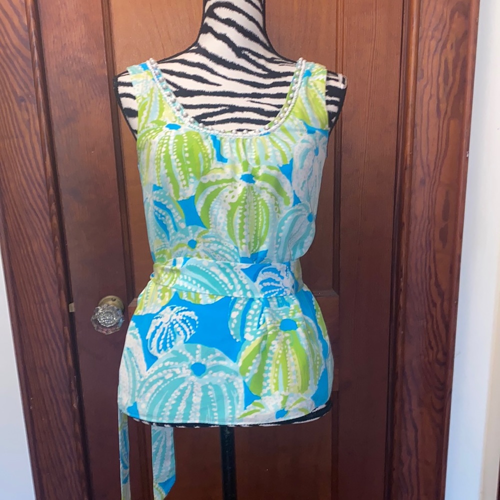 Lilly Pulitzer 100% silk Cedar Scoop neck tank blue and green Sea R Chin